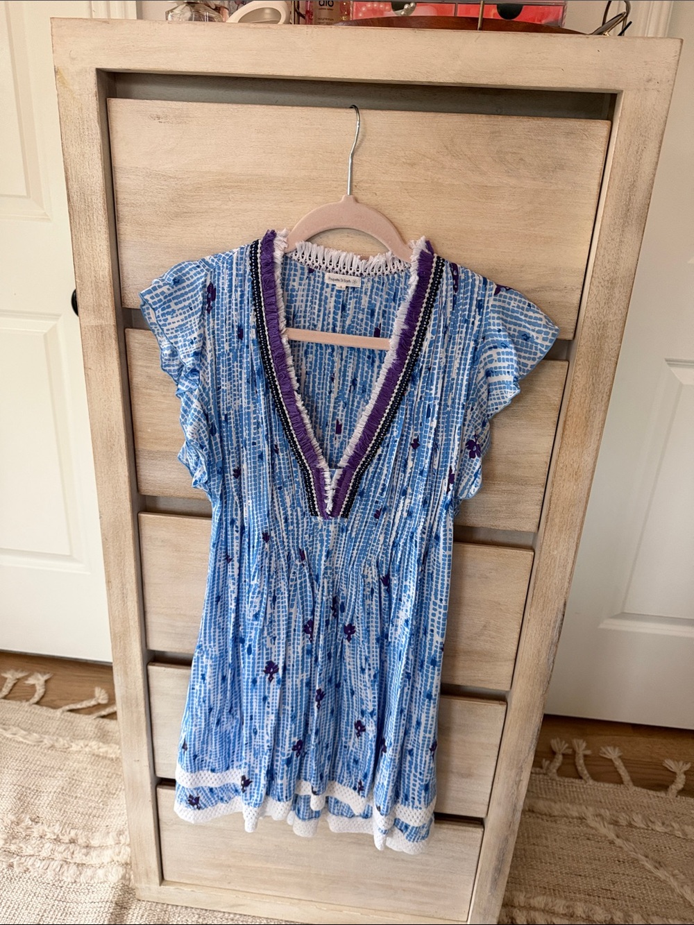 Poupette St. Barth Blue Floral V-Neck Dress with Purple Trim